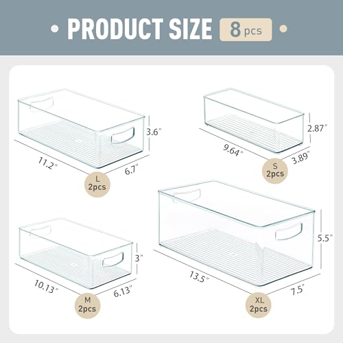8 PACK Freezer Organizer Bins Fridge Organizers and Storage Stackable Refrigerator Organizers Bins with Side Handles Clear Storage Bins for Pantry, Under Sink, Kitchen Cabinet