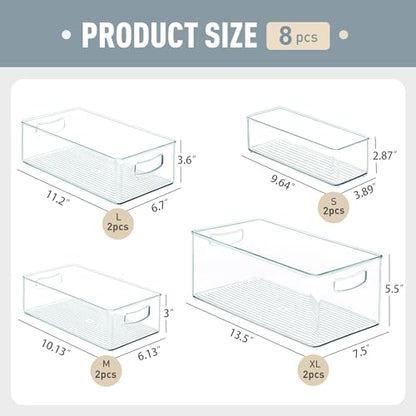 8 PACK Freezer Organizer Bins Fridge Organizers and Storage Stackable Refrigerator Organizers Bins with Side Handles Clear Storage Bins for Pantry, Under Sink, Kitchen Cabinet