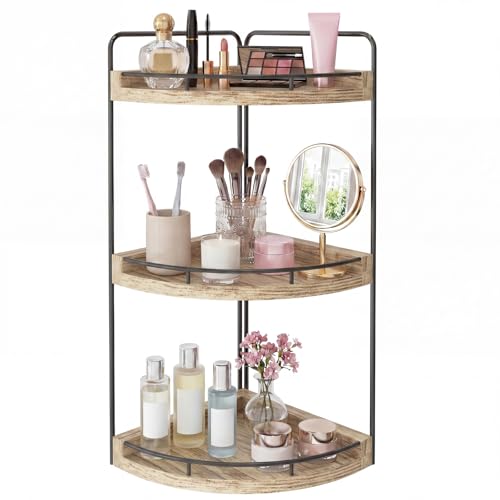 Fixwal 3 Tier Corner Bathroom Countertop Organizer Vanity Shelf Light Brown | Corner Organizer, Rustic Wood Finish, Countertop Storage for Bathroom Essentials, No Install, Compact, Space Saving