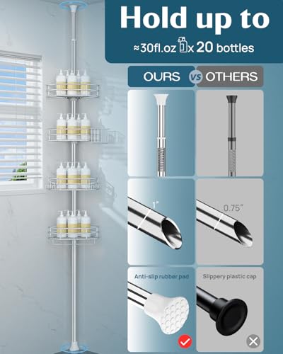 Corner Shower Caddy Tension Pole, Quick Setup, Rust-Free Bathroom Shower Organizer Corner for Bathtub Shampoo Storage, 4-Tier Adjustable Shelf, Drill Free, Fits 34 to 116 Inch Height, Silver