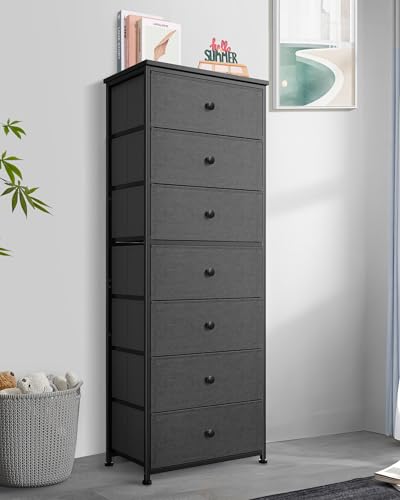 Mifuro Tall Fabric Dresser for Bedroom, Vertical Storage Organizer Tower with 7 Drawers, Chest of Drawers with Bins, Steel Frame, Wood Top for Bedroom, Closet, Entryway Grey