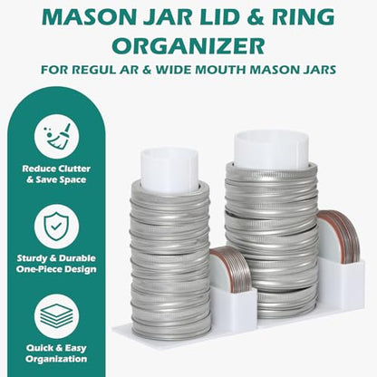 Mason Jar Lid Organizer and Storage, Canning Lids Holder Compatible with Regular and Wide Mouth, Holds 12 Lids&12 Rings per Pack (Set of 2) - White