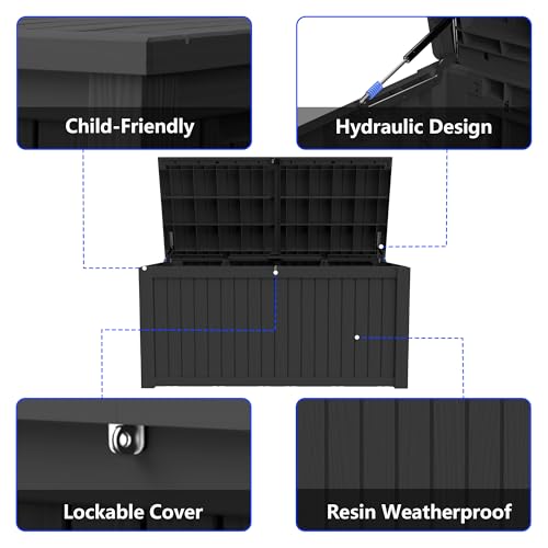 200 Gallon Outdoor Storage Box Resin Deck Box All Weather Waterproof Large Lockable Storage Container Deck Box for Patio Furniture, Garden Tools, Lockable, Black New