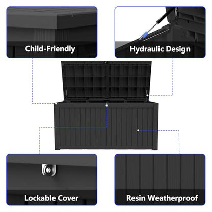 200 Gallon Outdoor Storage Box Resin Deck Box All Weather Waterproof Large Lockable Storage Container Deck Box for Patio Furniture, Garden Tools, Lockable, Black New