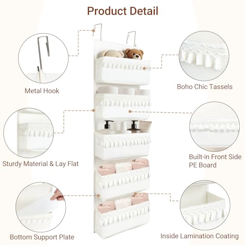 Dahey Over The Door Organizer 5 Pockets Hanging Behind Door Storage, White | Boho Cotton Tassels, Fits 1.77" Door, Space Saving & Big Capacity, Versatile Use, for Nursery Bathroom Bedroom Dorm Decor