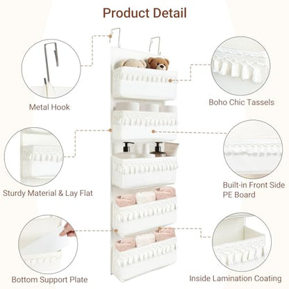 Dahey Over The Door Organizer 5 Pockets Hanging Behind Door Storage, White | Boho Cotton Tassels, Fits 1.77" Door, Space Saving & Big Capacity, Versatile Use, for Nursery Bathroom Bedroom Dorm Decor