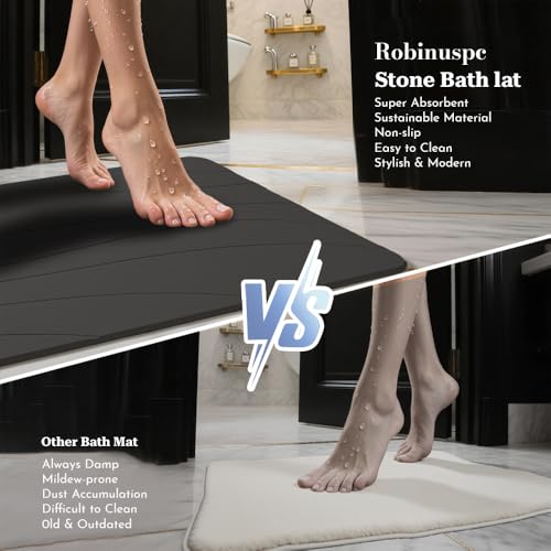 Stone Bath Mat, Quick Drying Bath Mat for Bathroom, Diatomaceous Earth Mat, Quick Dry Shower Mat, Fast Absorbent, Elegant Design, Easy to Clean - Black 23.6×15.35