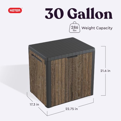 Keter Premium Everwood 30 Gal Outdoor Storage Box and Patio Side Table | Walnut, Resin, Compact, Weatherproof, Lockable, Durable, Easy Assembly, Organization, Patio Cushions Storage