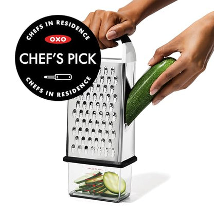 OXO Good Grips 4-Sided Box Grater for Cheese & Vegetables with Container | Stainless Steel Grating Surfaces, Non-Slip Handle, Detachable Container, Cheese, Vegetables, Zesting, Multi Purpose Grater