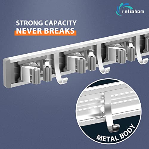 Broom Holder Wall Mount Mop Hanger Tools organizer 5Racks 4Hooks | Adjustable Mop Broom Wall Hanging Heavy duty Tools Storage Rack Space-saving for Garage,Kitchen,Laundry Room,Garden, Silver