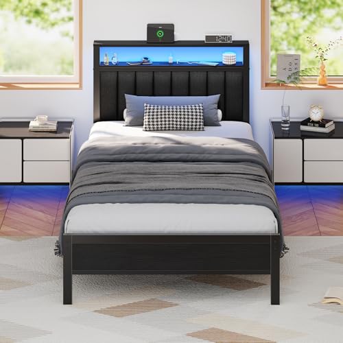 Twin Size Bed Frame with Charging Station and LED... (Black Oak)