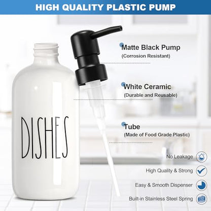 Dish Soap Dispenser for Kitchen, Ceramic Dish Soap Dispenser with Sponge Holder, White Dispenser Set with Tray, 3 in 1 Countertop Sink Organizer, Farmhouse Modern Kitchen Decor