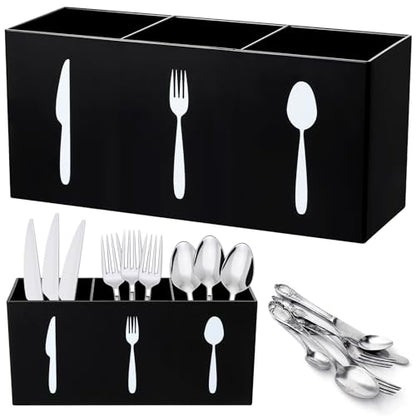Suzile Acrylic Cutlery Storage Organizer Bin Silverware Caddy Countertop Knife Spoon and Fork Holder Kitchen 3 Section Tableware Storage Box for Cabinet Indoor Home Flatware Dining Room (Black,M)