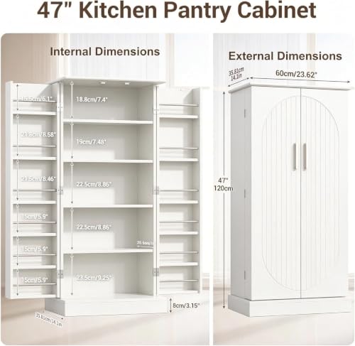 47" Kitchen Pantry Cabinet with Doors and Adjustable Shelves, Freestanding Pantry Storage Cabinet, Farmhouse Buffet Cupboard for Kitchen, Dining Room, Living Room, White