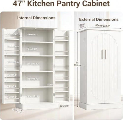 47" Kitchen Pantry Cabinet with Doors and Adjustable Shelves, Freestanding Pantry Storage Cabinet, Farmhouse Buffet Cupboard for Kitchen, Dining Room, Living Room, White