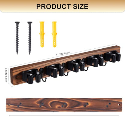 FunCee Broom Holder Wall Mount With 5 Slots & 4 Hooks，Rustic Wood Broom & Mop Hanger，Wall Mounted Garden & Garage Tool Storage Organizer Rack for Closet Laundry Room or Kitchen Wall Decor