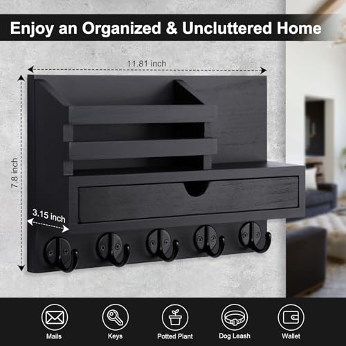Key Holder Wall Mount, Mail Holder with Storage Drawer and 5 Key Hooks for Coat, Dog Leash, Home Decor Rack, House Accessories, Entry Way Organizer