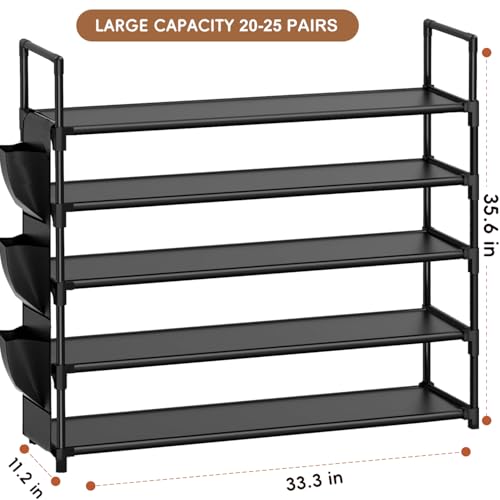 Shoe Rack 5 Tier 20-25 Storage Capacity Shoes Organizer | Closet, Entryway, Garage, Door Entrance, Space Saving Shoes Holder Stand, Sturdy Metal Free Standing Boot Shelf Tower Black
