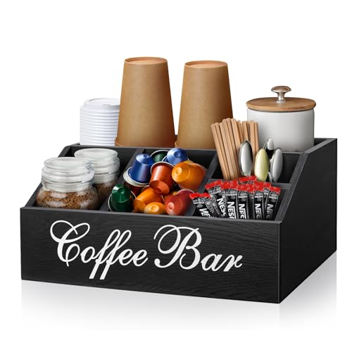 Wood Coffee Station Organizer for Counter | Farmhouse Coffee Bar Organizer | Coffee Pods Holder Bar Accessories | Tea Condiment Storage Basket | Home Decor