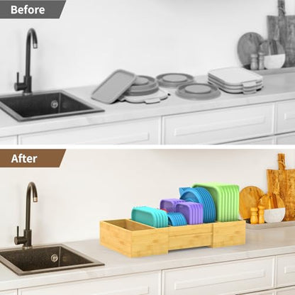 Retro Shaw Lid Organizer for Plastic Lids, Expandable | with 3 Adjustable Dividers, Bamboo, For Cabinet and Drawer, Kitchen Organizer and Storage