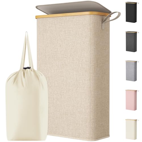 Lifewit 65L Slim Laundry Hamper with Lid, Narrow Laundry Basket with Removable Bag & Bamboo Handles, Fodable Thin Dirty Clothes Hamper for Laundry Collapsible Bin for Bathroom Bedroom Dorm, Beige