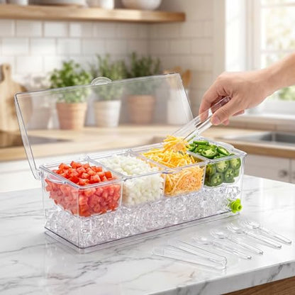 Large Ice Chilled Condiment Server with Lid, 4 Com... (Clear | Plastic)