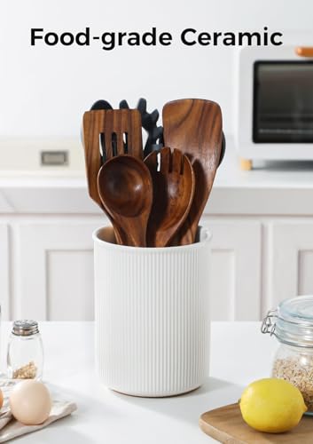 6.7" Utensil Holder, Ceramic Kitchen Utensil Holder with Cork Bottom, Large Utensil Crock for Countertop, Vintage Cooking Tool Organizer Set for Kitchen Counter Decor(White)