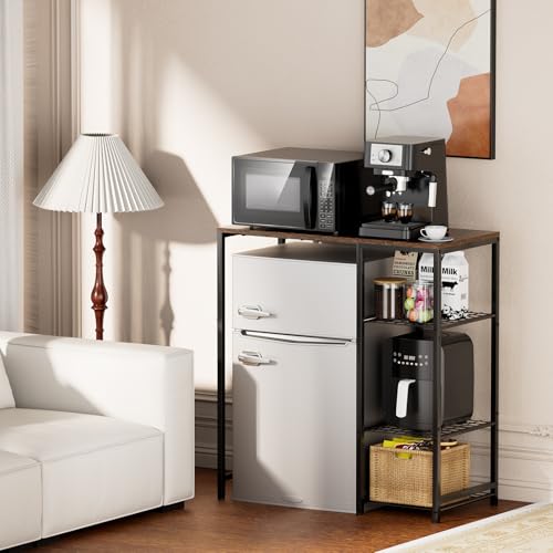 Mini Fridge Stand with Storage Shelves, 3-Tier Microwave Stand, Coffee Bar Bakers Rack, Small Refrigerator Cabinet Organizer Table for Dorm Apartment Kitchen Office, Rustic Brown