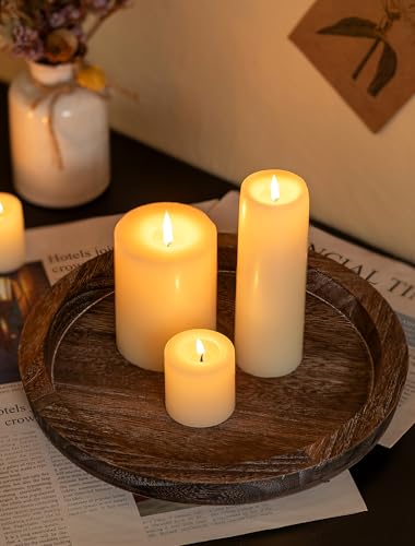 Hanobe Round Wooden Candle Holder Trays for Coffee Table, Distressed Finish | 11.2" Rustic Decorative Candlestick Plates for Kitchen Centerpiece, Farmhouse Living Room Fall Decor