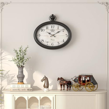 Retro Oval Wall Clock. Black Vintage Antique Style | Battery Operated Decor Wall Clocks for Farmhouse, Living Room,Kitchen,Bedroom,Bathroom (10.5" H x 11.3" W)