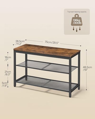 HOOBRO Shoe Bench, 3-Tier Shoe Rack, Industrial Shoe Organizer Storage Bench, 29.5 inches Entry Bench with Mesh Shelves, for Entryway, Living Room, Hallway, Easy Assembly, Rustic Brown BF75HX01