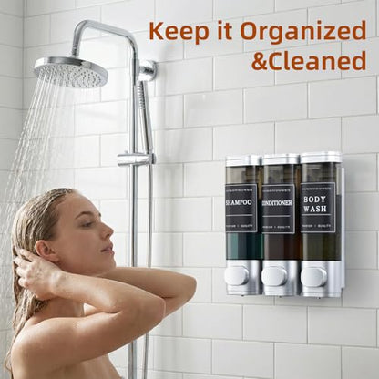 Shampoo and Conditioner Dispenser,Shower Soap Dispenser 3 Chamber No Drill Wall-Mounted for Bathroom & Hotel Leak-Proof Pumps, for Thick Liquids Like Conditioner - 1050ML High Capacity, Silver