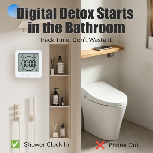 Baldr Waterproof Bathroom Shower Clock with Timer, Temperature and Humidity | Digital Timers for Kids and Adults, Bath Kitchen Study, White