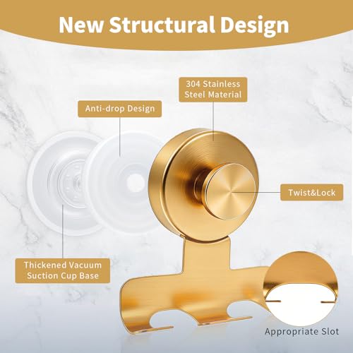 Suction Cup Razor Holder,Stainless Steel Wall Mount Hooks,Heavy-Duty to 15 lbs,No-Drill Shower Hooks for Razors, Towels and Loofahs (Gold, 2 Pack)