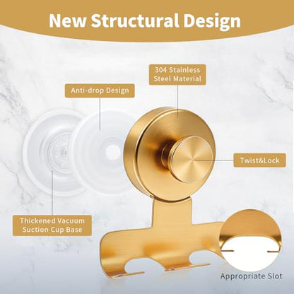Suction Cup Razor Holder,Stainless Steel Wall Mount Hooks,Heavy-Duty to 15 lbs,No-Drill Shower Hooks for Razors, Towels and Loofahs (Gold, 2 Pack)