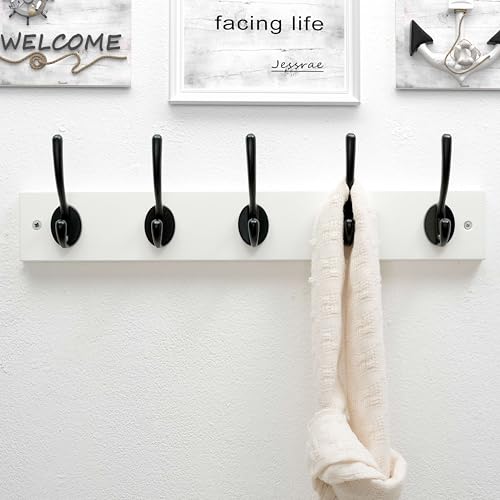 Wall Mounted Coat Rack: 16" Hole to Hole, Coat Hook Hanger with 5 Metal Hooks for Hanging Coats Towels Hats Clothes, White & Black