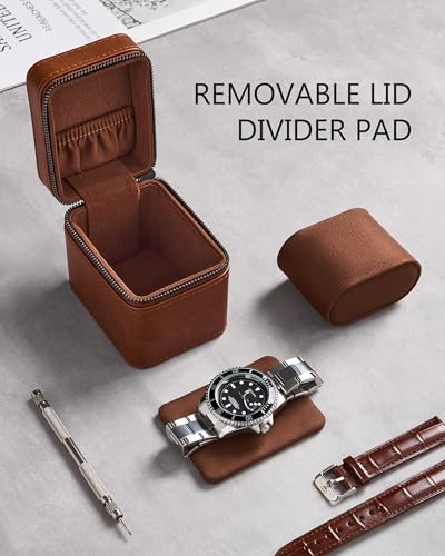 ProCase Single Watch Travel Case for Men, Portable Watch Holder -Brown | PU Leather, Compact Small Travel Carrying Box, Storage Case for Luxury Watches & Smartwatches with Jewelry Compartment
