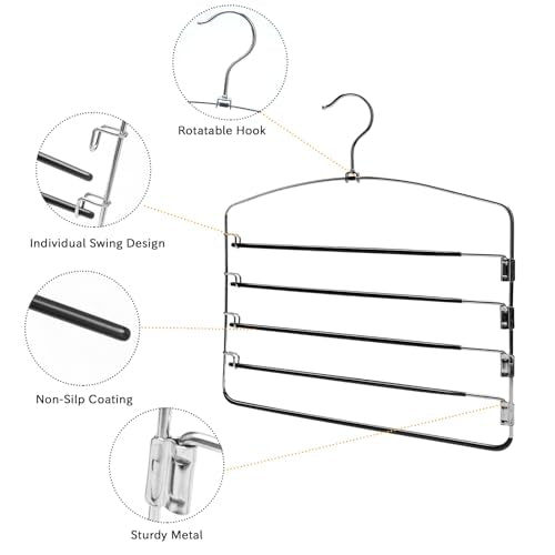 Multi-Layer Metal Pants Hangers, 3 Pack, 5 Swing Arms, Non-Slip