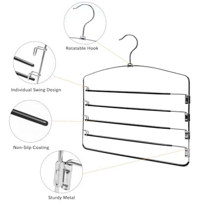Multi-Layer Metal Pants Hangers, 3 Pack, 5 Swing Arms, Non-Slip