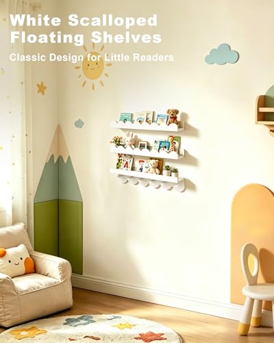 Wall Book Shelves for Bedroom Kids with Hooks - Scalloped Shelves for Nursery Set of 3, Nursery Bookshelf for Wall Room Decor, 16 Inch
