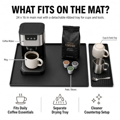 Silicone Coffee Mat 24 x 16 in with Tray, Classic Black | Coffee bar mat for countertop use, coffee station mat or coffee machine mat with removable tray and 0.47 in raised rim.