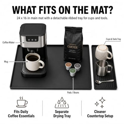 Silicone Coffee Mat 24 x 16 in with Tray, Classic Black | Coffee bar mat for countertop use, coffee station mat or coffee machine mat with removable tray and 0.47 in raised rim.
