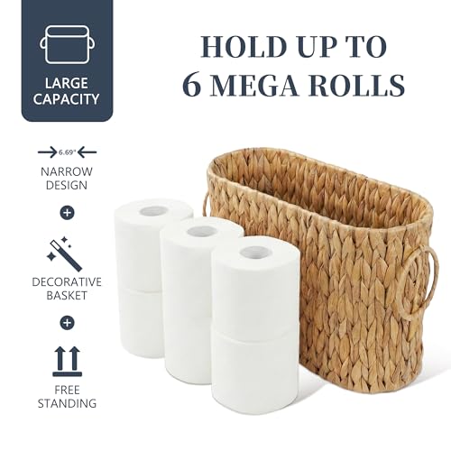Toilet Paper Storage Basket, Water Hyacinth Toilet Paper Holder for Up to 6 Mega Rolls, Wicker Basket for Bathroom Accessories Organizer, Boho Hand Woven Rattan Decorative Decor, Natural