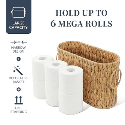 Toilet Paper Storage Basket, Water Hyacinth Toilet Paper Holder for Up to 6 Mega Rolls, Wicker Basket for Bathroom Accessories Organizer, Boho Hand Woven Rattan Decorative Decor, Natural
