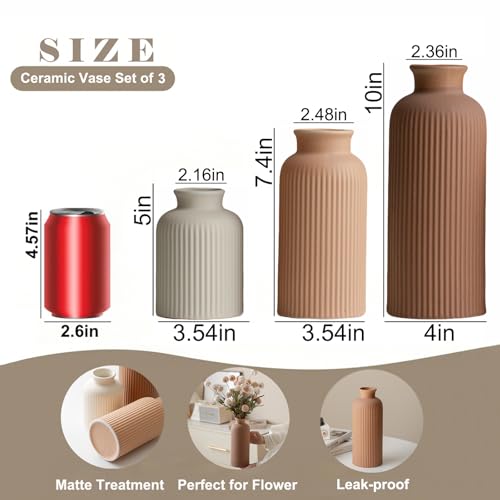 Large Modern Ceramic Vase Set, Coffee Ribbed Matte Design, 3-Piece Decorative Vases for Home, Living Room, Office (XL Coffee Mix)