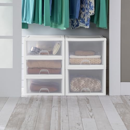 Sterilite 6-Pack 16 Quart Stacking Drawer, Clear Storage Closet Organizer, White Frame - Stackable Modular Plastic Drawers for Clothes, Accessories, Craft Supplies, Shoes or Linens