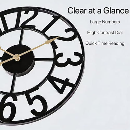 Outdoor Clock for Patio Waterproof, 14 Inch Large Outdoor Wall Clock Battery Operated, Silent Non-Ticking Metal Garden Clock for Pool, Porch, Backyard, Fence – Black Vintage Farmhouse Decor