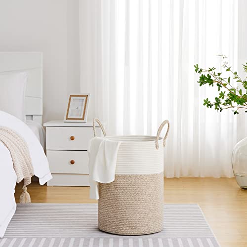 Tall Woven Laundry Basket Hamper 58L, White Brown