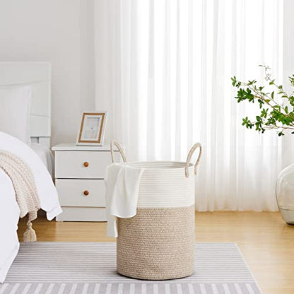 Tall Woven Laundry Basket Hamper 58L, White Brown