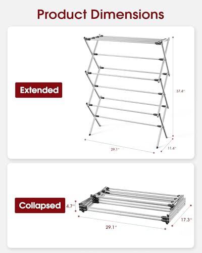 Foldable 3-Tier Clothes Drying Rack 37.4" H with Non-Slip Feet | Indoor & Outdoor Use, Space Saving, Metal Frame, 11.4" D x 29.1" W, Silver